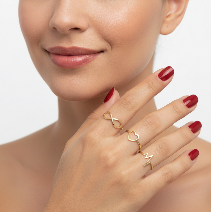 18K Gold Symbolic Rings Set – Infinity, Heart & Heartbeat Trio