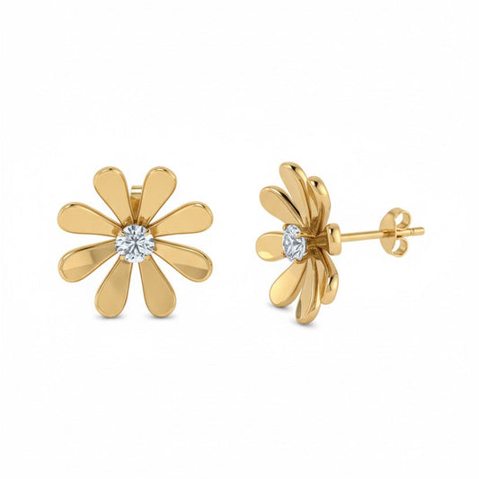18K Gold Daisy Bloom Earrings - Zircon Stone