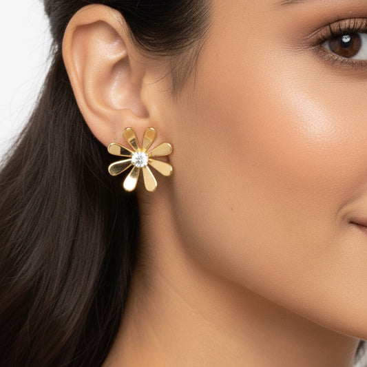 18K Gold Daisy Bloom Earrings - Zircon Stone