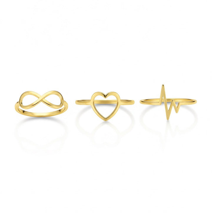 18K Gold Symbolic Rings Set – Infinity, Heart & Heartbeat Trio