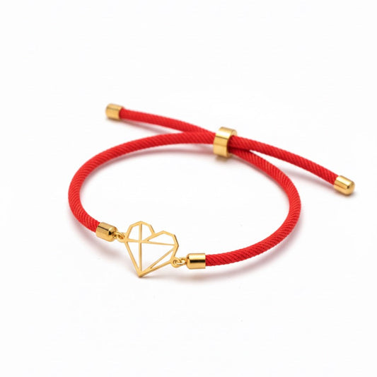 Geometric Heart Bracelet – 18K Gold Charm with Red, Black & Cream Cord Options