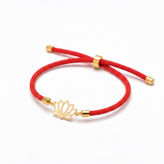 Lotus Bracelet – 18K Gold Charm with Red, Black & Cream Cord Options