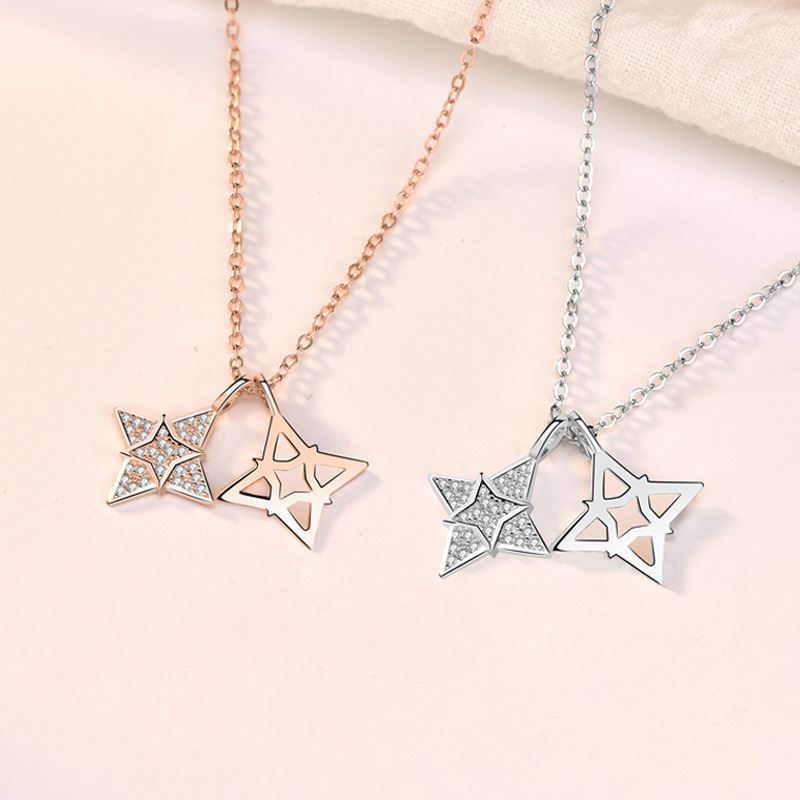 Modern CZ Quadrangular Star Hollow 925 Sterling Silver Necklace - Noora & Co.