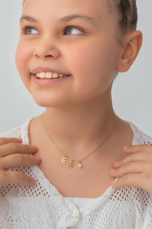 Personalized 18K Gold Initial Necklace with Flower & Pearl Charm