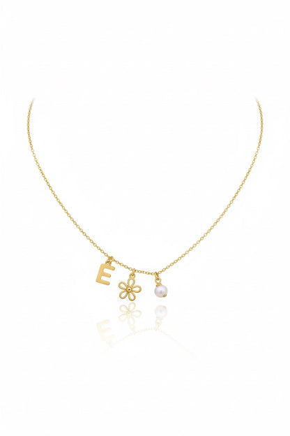 Personalized 18K Gold Initial Necklace with Flower & Pearl Charm