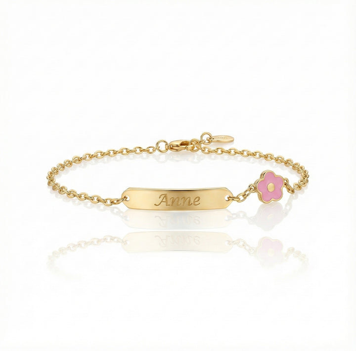 Personalized 18K Gold Baby Name Bracelet with Flower Charm