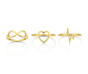 18K Gold Symbolic Rings Set – Infinity, Heart & Heartbeat Trio - Noora & Co.