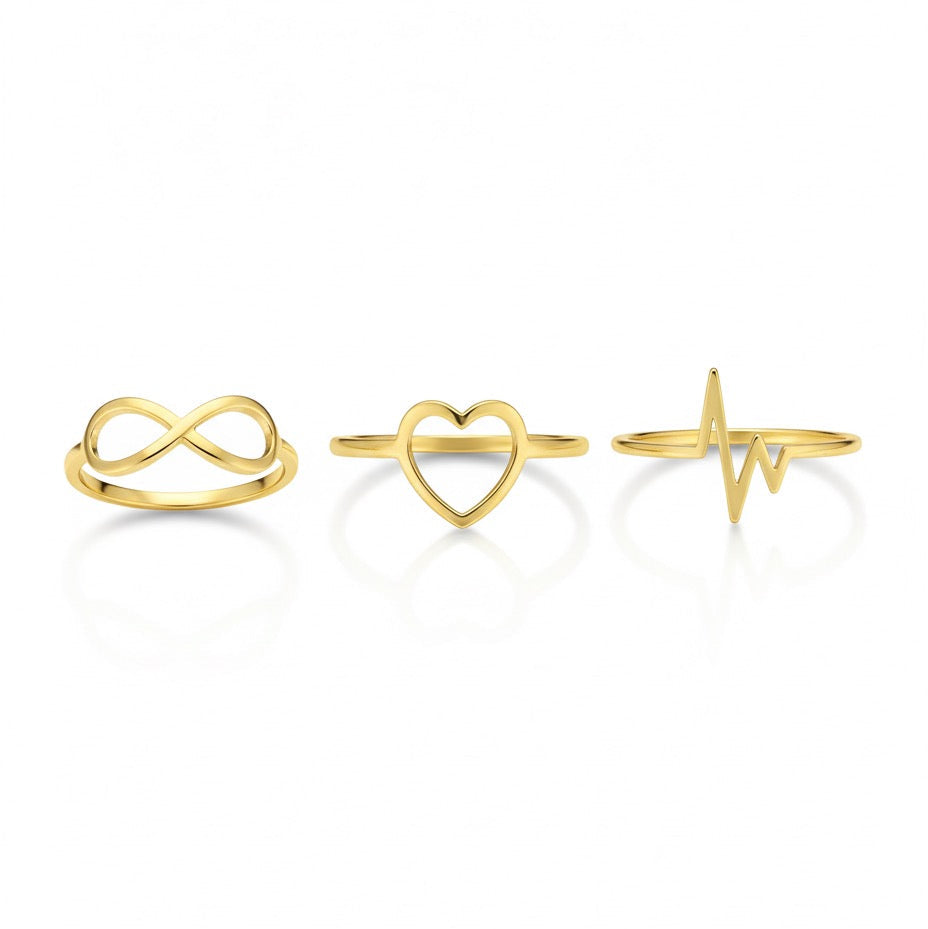 18K Gold Symbolic Rings Set – Infinity, Heart & Heartbeat Trio - Noora & Co.