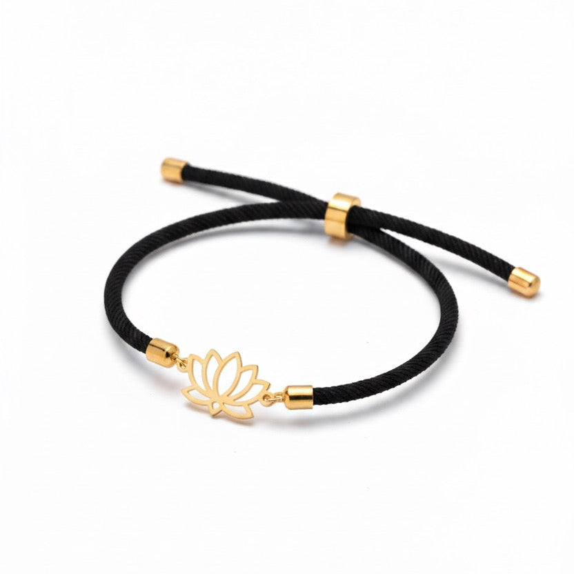 Lotus Bracelet – 18K Gold Charm with Red, Black & Cream Cord Options - Noora & Co.