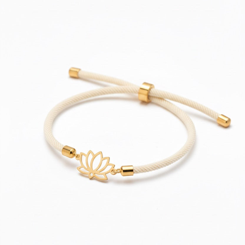 Lotus Bracelet – 18K Gold Charm with Red, Black & Cream Cord Options - Noora & Co.