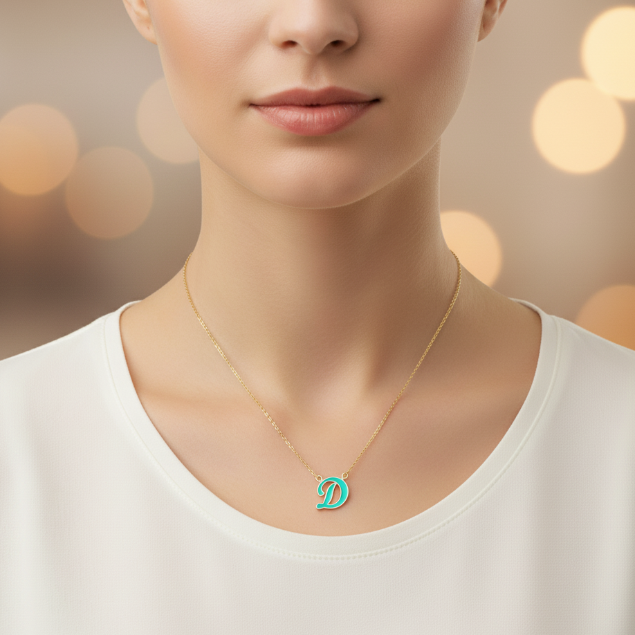 18K Gold Turquoise Enamel Initial Necklace – A to Z Letters - Noora & Co.