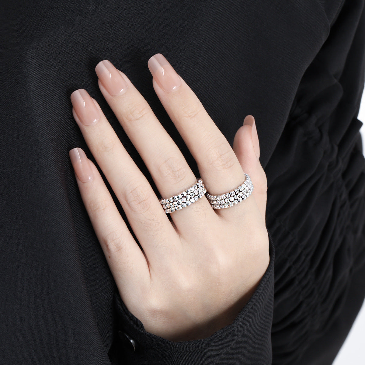 Fashion Irregular Triple Layers Rhombus Beads 925 Sterling Silver Adjustable Ring - Noora & Co.