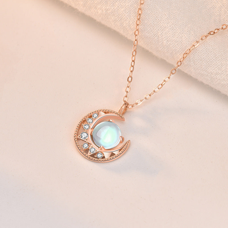 Lady Natural Moonstone Crescent Moon CZ 925 Sterling Silver Necklace - Noora & Co.