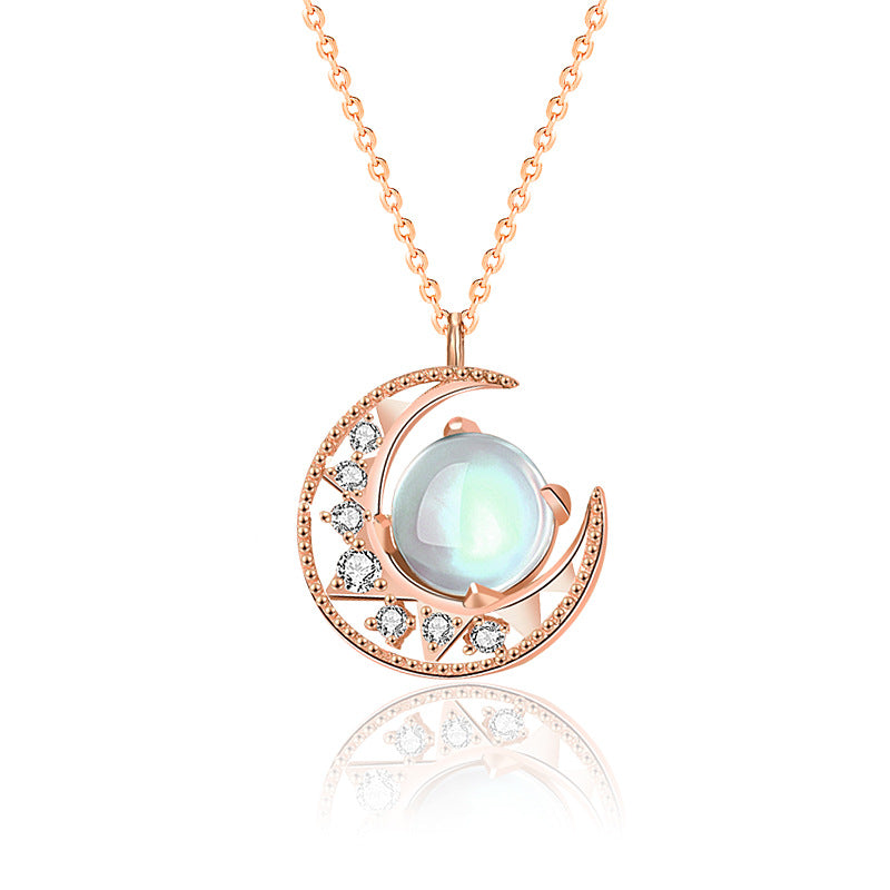 Lady Natural Moonstone Crescent Moon CZ 925 Sterling Silver Necklace - Noora & Co.