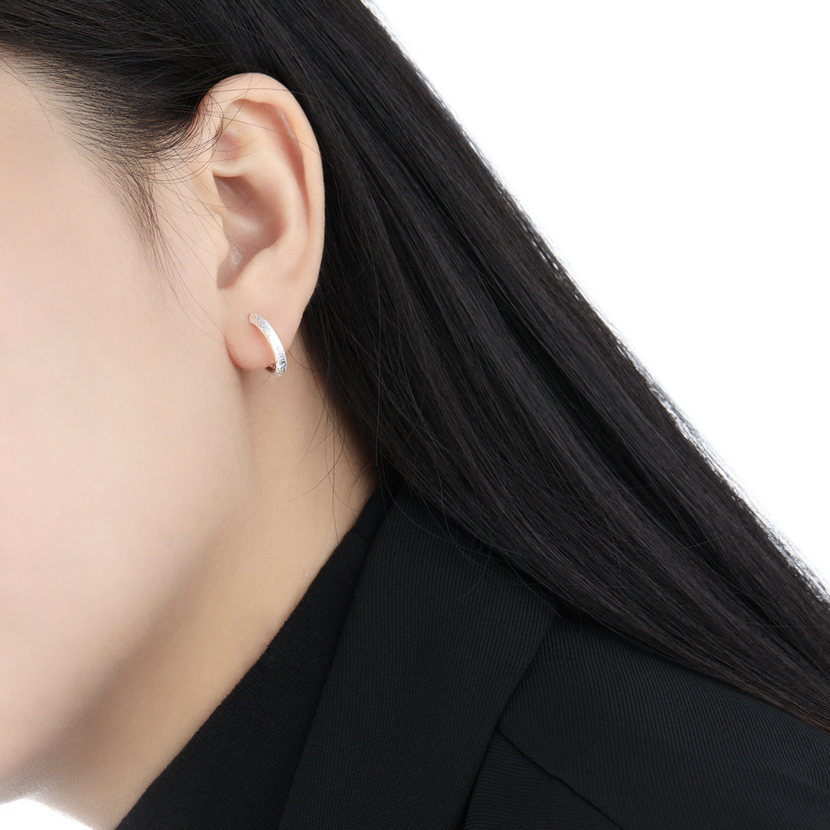 Simple Frosted Round Circle 925 Sterling Silver Hoop Earring (Single) - Noora & Co.