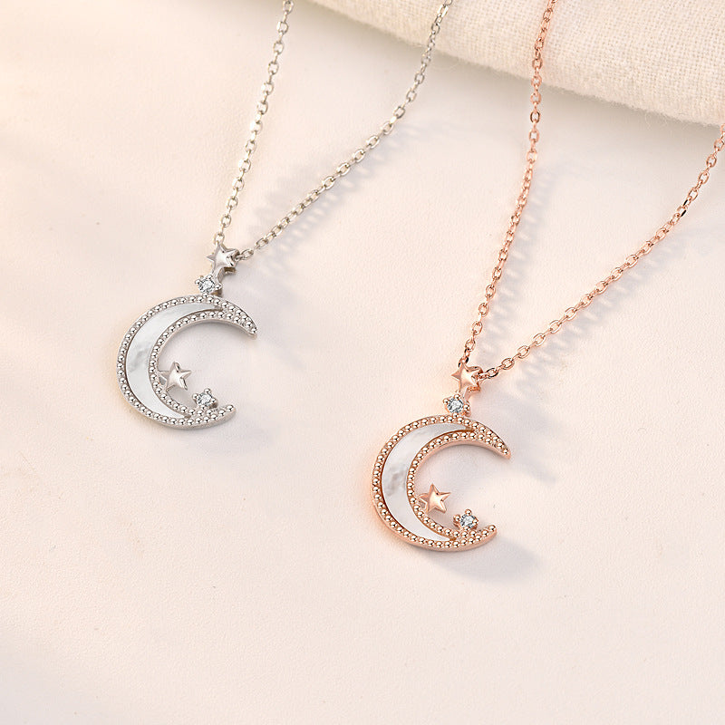 Women Mother of Shell Crescent Moon CZ Stars 925 Sterling Silver Necklace - Noora & Co.