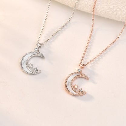 Women Mother of Shell Crescent Moon CZ Stars 925 Sterling Silver Necklace - Noora & Co.
