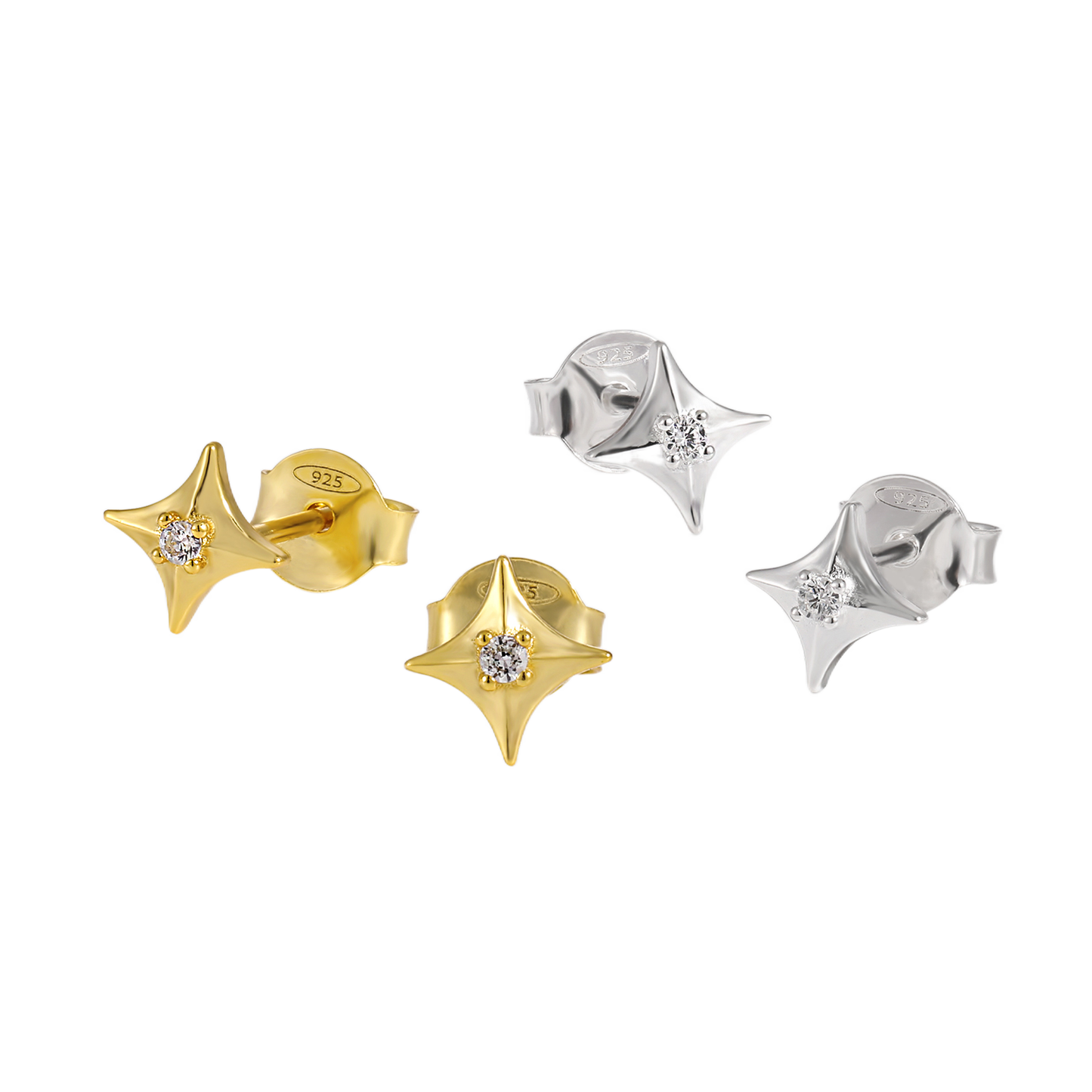 Office Shining CZ Four Pointed Star 925 Sterling Silver Stud Earrings - Noora & Co.