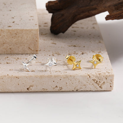 Office Shining CZ Four Pointed Star 925 Sterling Silver Stud Earrings - Noora & Co.
