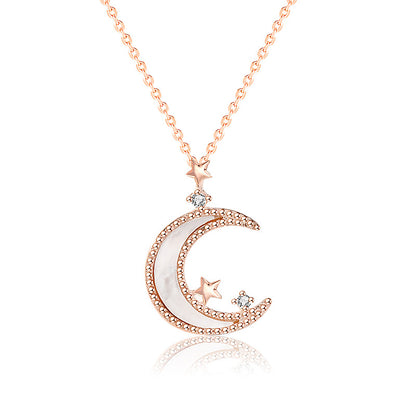 Women Mother of Shell Crescent Moon CZ Stars 925 Sterling Silver Necklace - Noora & Co.