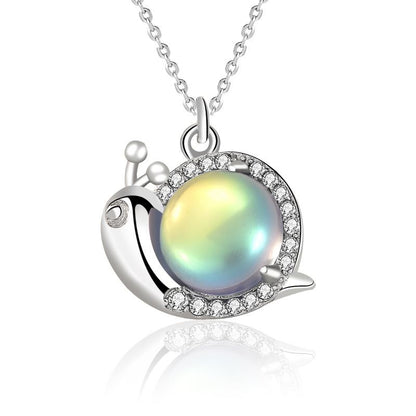 Cute Natural Moonstone Snail Animal CZ 925 Sterling Silver Necklace - Noora & Co.