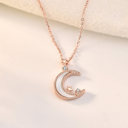Women Mother of Shell Crescent Moon CZ Stars 925 Sterling Silver Necklace - Noora & Co.