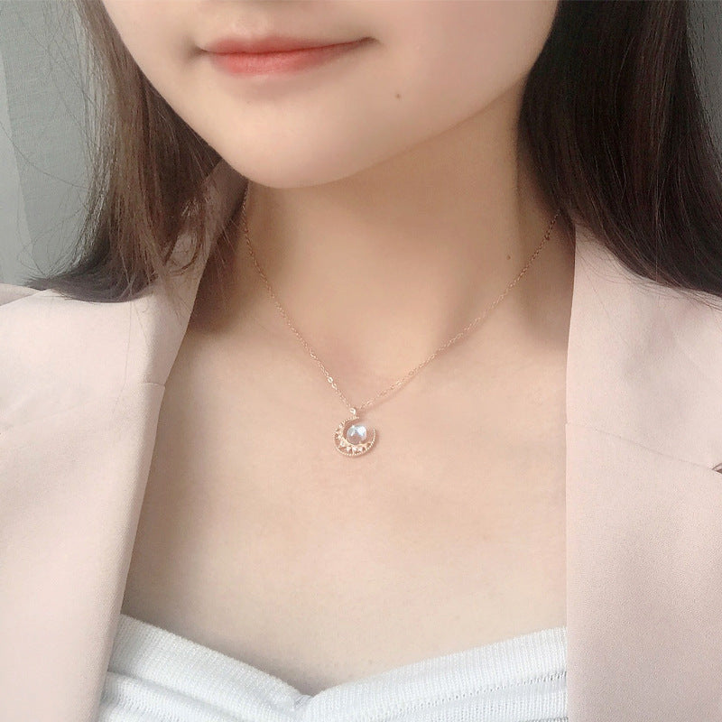 Lady Natural Moonstone Crescent Moon CZ 925 Sterling Silver Necklace - Noora & Co.
